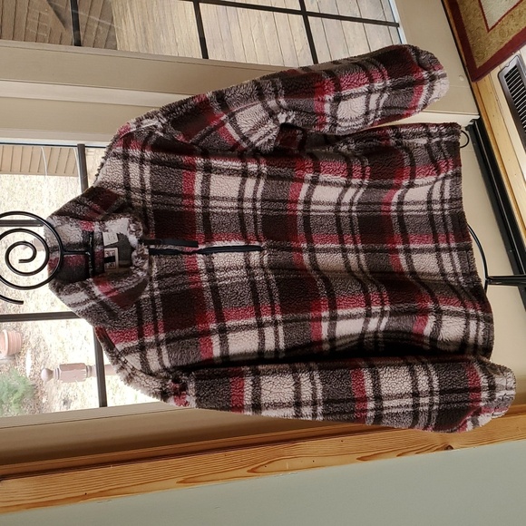 Woolrich Brown Plaid Heavy Fleece 1/4 Zip Pullover Sz. XL Jacket w Pockets - Picture 2 of 12